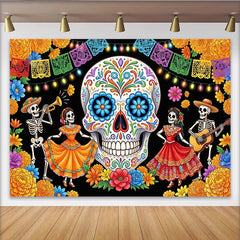 Lofaris Vibrant Mexican Fiesta Backdrop with Sugar Skull and Dancing Skeletons, Festive Party Background for Cultural Event Photography