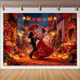 Lofaris Vibrant Mexican Fiesta Backdrop with Dancing Skeletons and Marigolds, Colorful Photography Background for Cultural Celebration