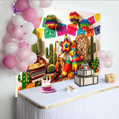 Lofaris Vibrant Mexican Fiesta Backdrop with Colorful Papel Picado and Cacti, Lively Party Decor for Celebrations and Photo Booth Props