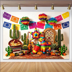 Lofaris Vibrant Mexican Fiesta Backdrop with Colorful Papel Picado and Cacti, Lively Party Decor for Celebrations and Photo Booth Props