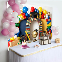 Lofaris Colorful Balloon Arch Graduation Backdrop with Books and Caps, School Learning Theme Photo Background for Celebration Party Decor