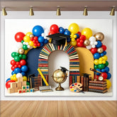 Lofaris Colorful Balloon Arch Graduation Backdrop with Books and Caps, School Learning Theme Photo Background for Celebration Party Decor