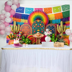 Lofaris Vibrant Colorful Mexican Fiesta Backdrop with Cacti and Pinata, Festive Party Decor for Cinco de Mayo Celebration