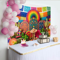 Lofaris Vibrant Colorful Mexican Fiesta Backdrop with Cacti and Pinata, Festive Party Decor for Cinco de Mayo Celebration