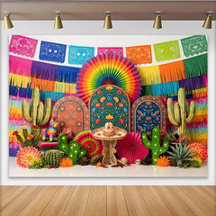 Lofaris Vibrant Colorful Mexican Fiesta Backdrop with Cacti and Pinata, Festive Party Decor for Cinco de Mayo Celebration