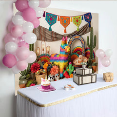 Lofaris Vibrant Mexican Fiesta Holiday Backdrop with Colorful Banners and Pinata, Festive Sugar Skull Party Background for Celebrations