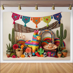 Lofaris Vibrant Mexican Fiesta Holiday Backdrop with Colorful Banners and Pinata, Festive Sugar Skull Party Background for Celebrations