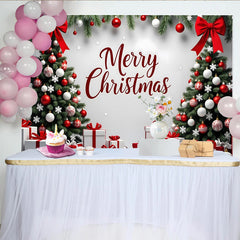Lofaris Merry Christmas Tree Holiday Backdrop with Red and White Gifts, Elegant Photo Background for Winter Party Decor