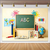 Lofaris Colorful Back to School Backdrop with ABC Chalkboard and World Map, Educational Photography Background for Classroom Decor