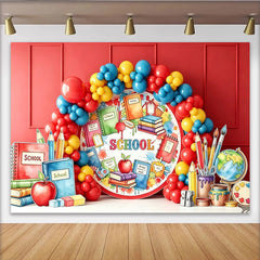 Lofaris Vibrant Red Back to School Backdrop with Colorful Balloons and School Supplies, Educational Photo Booth Background for Classroom Party.