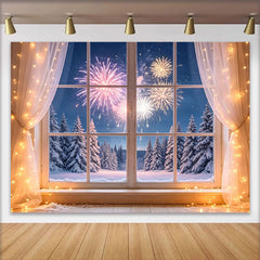 Lofaris Cozy Winter Window View New Year Backdrop with Snowy Forest and Sparkling Lights, Festive Night Sky Celebration Background for Party