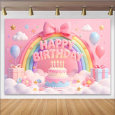 Lofaris Pink Pastel Rainbow Birthday Backdrop with Cute Clouds and Balloons, Sweet Cake and Star Decor Background for Girls Party Photoshoot