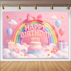 Lofaris Pink Pastel Rainbow Birthday Backdrop with Cute Clouds and Balloons, Sweet Cake and Star Decor Background for Girls Party Photoshoot