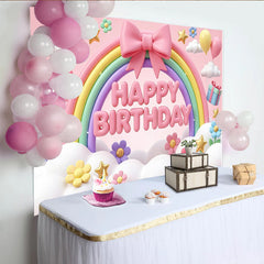 Lofaris Pink Rainbow Happy Birthday Backdrop with Clouds and Flowers, Cute Gift Balloons Party Decor for Girls Photoshoot