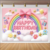 Lofaris Pink Rainbow Happy Birthday Backdrop with Clouds and Flowers, Cute Gift Balloons Party Decor for Girls Photoshoot