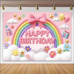 Lofaris Pink Rainbow Happy Birthday Backdrop with Clouds and Flowers, Cute Gift Balloons Party Decor for Girls Photoshoot
