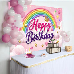Lofaris Pink Happy Birthday Rainbow Backdrop with Crown and Stars, Magical Cloud Background for Girl Party Photoshoot.