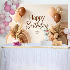 Lofaris Boho Neutral Happy Birthday Backdrop with Pampas Grass and Balloons, Rainbow Arch Photography Background, Elegant Party Decoration
