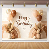 Lofaris Boho Neutral Happy Birthday Backdrop with Pampas Grass and Balloons, Rainbow Arch Photography Background, Elegant Party Decoration