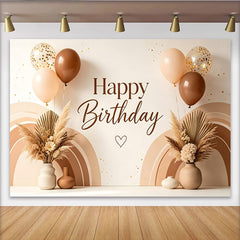 Lofaris Boho Neutral Happy Birthday Backdrop with Pampas Grass and Balloons, Rainbow Arch Photography Background, Elegant Party Decoration