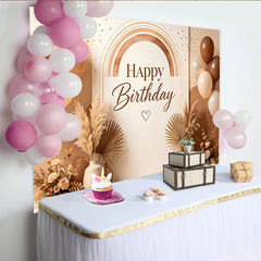 Lofaris Boho Happy Birthday Backdrop with Neutral Balloons and Pampas Grass, Elegant Rustic Photography Background for Party Decoration