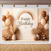 Lofaris Boho Happy Birthday Backdrop with Neutral Balloons and Pampas Grass, Elegant Rustic Photography Background for Party Decoration