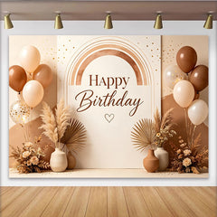 Lofaris Boho Happy Birthday Backdrop with Neutral Balloons and Pampas Grass, Elegant Rustic Photography Background for Party Decoration