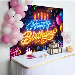 Lofaris Vibrant Neon Happy Birthday Backdrop with Balloons and Confetti, Glow Brick Wall Background for Party Decoration