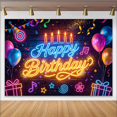 Lofaris Vibrant Neon Happy Birthday Backdrop with Balloons and Confetti, Glow Brick Wall Background for Party Decoration