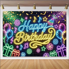 Lofaris Neon Happy Birthday Party Backdrop with Colorful Balloons and Gifts, Vibrant Music Theme Background for Celebration Photography