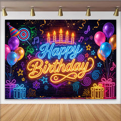 Lofaris Vibrant Neon Glow Happy Birthday Backdrop with Balloons and Gifts, Colorful Brick Wall Photography Background for Party Decoration