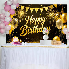 Lofaris Elegant Gold Happy Birthday Backdrop with Balloons, Glitter and Fireworks, Black Party Background for Photography Studio
