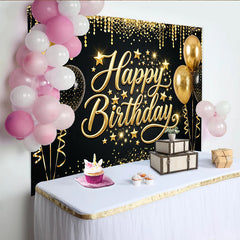 Lofaris Black and Gold Glitter Happy Birthday Backdrop with Balloons and Stars, Elegant Party Photography Background for Celebration Decor