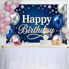 Lofaris Blue Silver Happy Birthday Backdrop with Glitter Text and Balloons, Elegant Party Background for Men, Boys, and Photo Booth Props