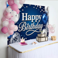 Lofaris Blue Silver Happy Birthday Backdrop with Glitter Text and Balloons, Elegant Party Background for Men, Boys, and Photo Booth Props