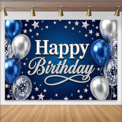 Lofaris Blue Silver Happy Birthday Backdrop with Glitter Text and Balloons, Elegant Party Background for Men, Boys, and Photo Booth Props