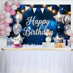 Lofaris Glitter Happy Birthday Backdrop with Blue and Silver Balloons, Luxurious Starry Night Party Background for Celebration Photoshoot