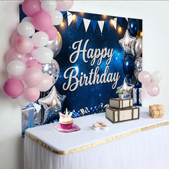 Lofaris Glitter Happy Birthday Backdrop with Blue and Silver Balloons, Luxurious Starry Night Party Background for Celebration Photoshoot