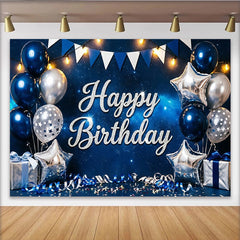 Lofaris Glitter Happy Birthday Backdrop with Blue and Silver Balloons, Luxurious Starry Night Party Background for Celebration Photoshoot