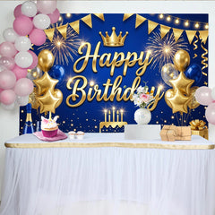 Lofaris Gold Blue Happy Birthday Backdrop with Crown and Balloons, Elegant Party Decoration Photo Booth Background for Celebration