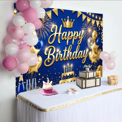 Lofaris Gold Blue Happy Birthday Backdrop with Crown and Balloons, Elegant Party Decoration Photo Booth Background for Celebration
