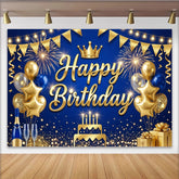 Lofaris Gold Blue Happy Birthday Backdrop with Crown and Balloons, Elegant Party Decoration Photo Booth Background for Celebration