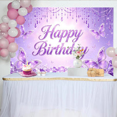 Lofaris Purple Butterfly Glitter Birthday Backdrop with Sparkling Jewels, Elegant Photography Background for Girls Party Decor