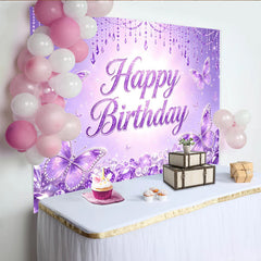 Lofaris Purple Butterfly Glitter Birthday Backdrop with Sparkling Jewels, Elegant Photography Background for Girls Party Decor