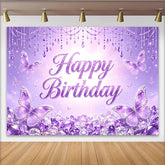 Lofaris Purple Butterfly Glitter Birthday Backdrop with Sparkling Jewels, Elegant Photography Background for Girls Party Decor