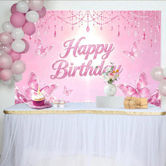 Lofaris Pink Butterfly Glitter Birthday Backdrop for Girls Princess Party, Sparkling Crystal Party Decor for Photoshoot and Celebration
