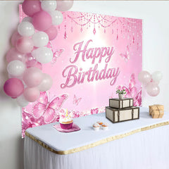 Lofaris Pink Butterfly Glitter Birthday Backdrop for Girls Princess Party, Sparkling Crystal Party Decor for Photoshoot and Celebration