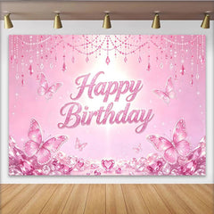 Lofaris Pink Butterfly Glitter Birthday Backdrop for Girls Princess Party, Sparkling Crystal Party Decor for Photoshoot and Celebration