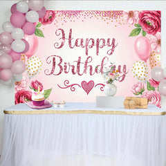 Lofaris Glitter Pink Happy Birthday Backdrop with Floral and Balloons, Elegant Party Decor Background for Girls Photoshoot