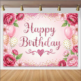 Lofaris Glitter Pink Happy Birthday Backdrop with Floral and Balloons, Elegant Party Decor Background for Girls Photoshoot